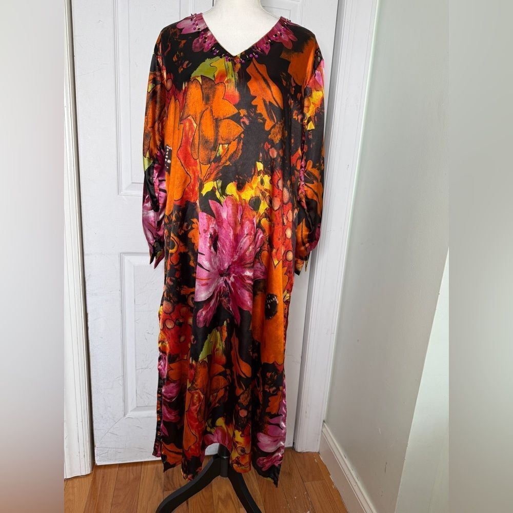 1980s Sante Classic Bohemian Beaded Flower Power Kaftan Dress